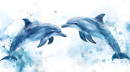 Pair of dolphins in a dreamy watercolor painting, ideal for a child's room, with soft pastel colors capturing the beauty of the underwater world