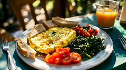 Wall Mural - colorful vegetarian breakfast with a vegetable omelet, whole-grain toast, and sautéed spinach, served on a bright, sunlit table