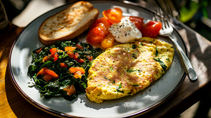 Wall Mural - colorful vegetarian breakfast with a vegetable omelet, whole-grain toast, and sautéed spinach, served on a bright, sunlit table