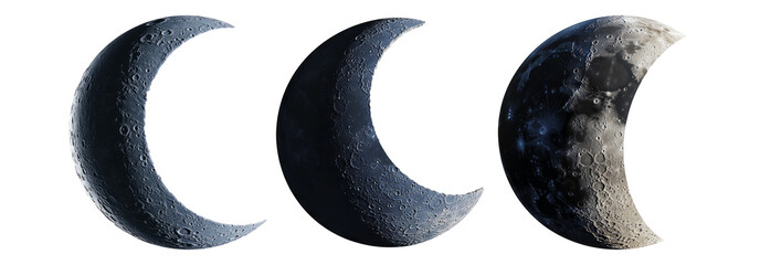 Crescent moons set isolated on transparent background, various phases of crescent moon for astronomy and decoration