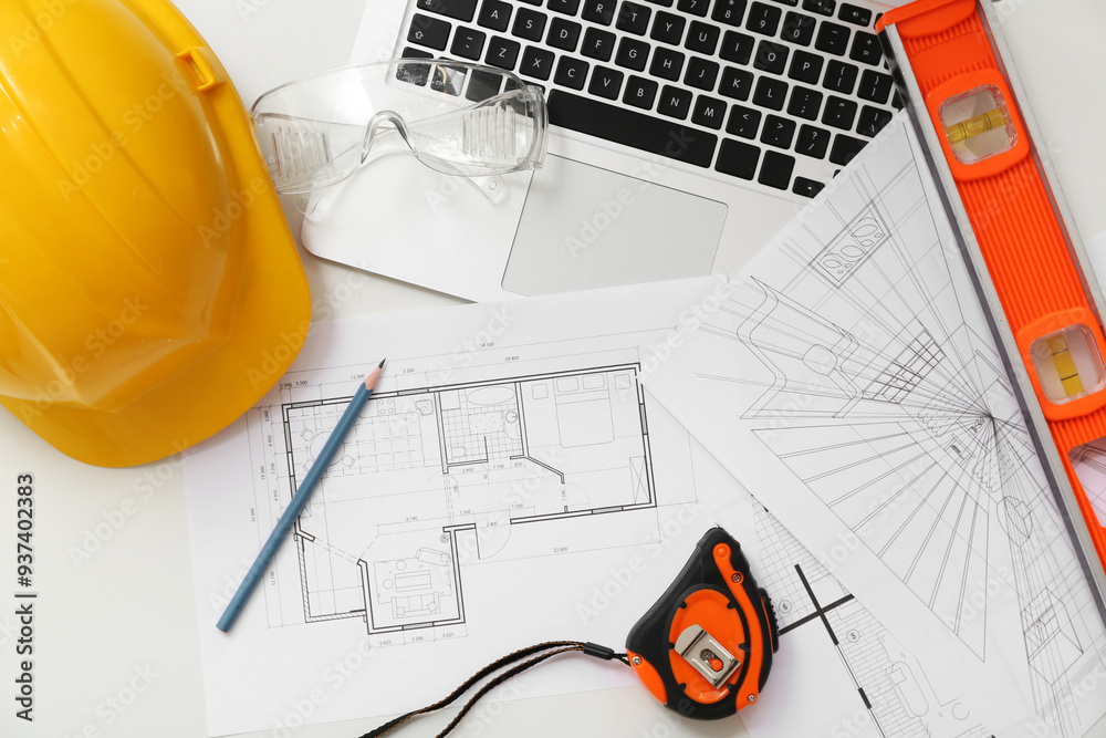 Architect's supplies with laptop and house plans on white background