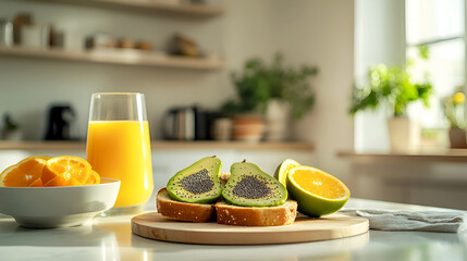 Wall Mural - healthy breakfast setup featuring avocado toast sprinkled with chia seeds, a bowl of fresh fruit, and a glass of orange juice, set against a minimalist kitchen backdrop