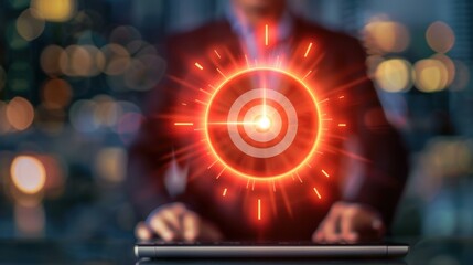 A businessman faces a virtual DDoS warning, signaling an online attack on a targeted website, showcasing cybersecurity threats.