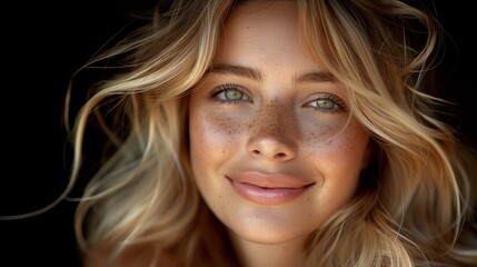 Poster - A close-up portrait of a young woman with blonde hair and freckles, smiling gently. Her eyes are bright and expressive, and her hair is softly tousled