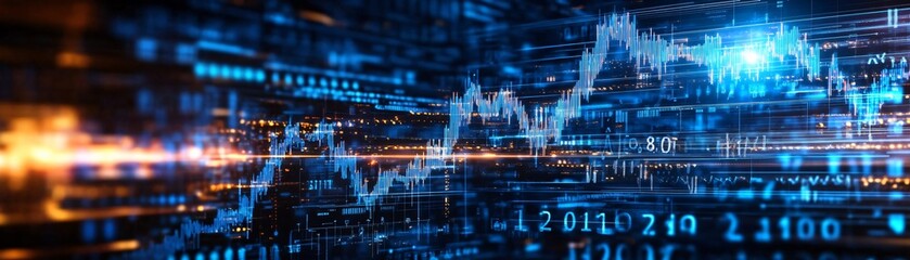 Poster - Dynamic digital graph with data streams and glowing lines representing financial growth and technology innovation.