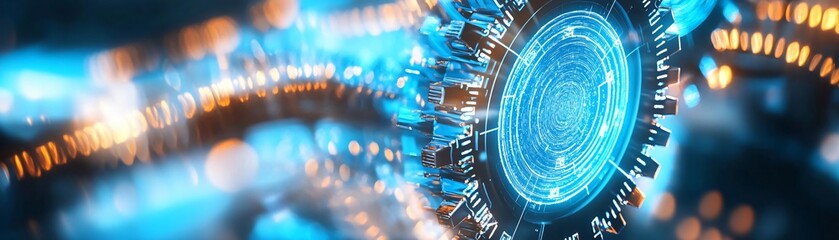 Poster - Futuristic technology visualization featuring glowing gears and digital elements. Ideal for innovation and science themes.