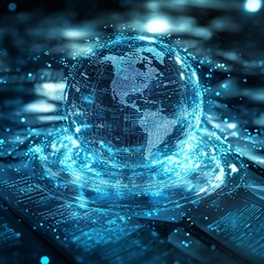 Poster - A digital globe surrounded by floating data points, representing global connectivity and technology in a futuristic setting.