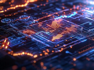 Poster - A futuristic network interface showcasing data visualization with vibrant lights and intricate circuits.