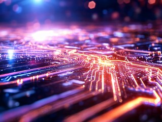 Poster - Abstract circuit board design with vibrant lights and patterns, symbolizing technology and digital innovation.