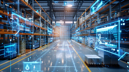 Poster - a smart warehouse with integrated technology, including automated storage systems, digital inventory tracking, and IoT devices