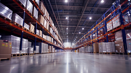 Poster - a smart warehouse with integrated technology, including automated storage systems, digital inventory tracking, and IoT devices