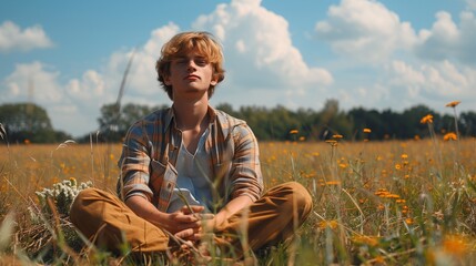 A young man sitting cross-legged in a sunny field, surrounded by wildflowers. He has curly hair and a calm expression, with a blue sky and fluffy clouds in the background.