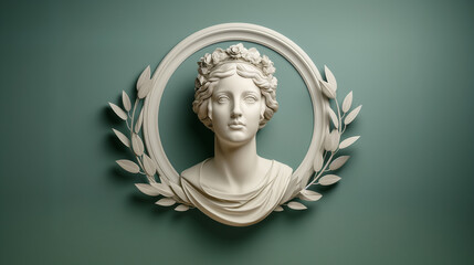 Wall Mural - Bust of ancient Roman marble goddess on white medallion stage with laurel branches on green background. Antique art culture concept