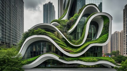 Futuristic green building with wave-shaped balconies, vertical gardens, eco-friendly architecture