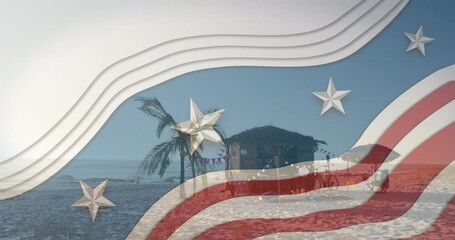 Poster - Waving American flag animation over beach scene with palm tree and hut