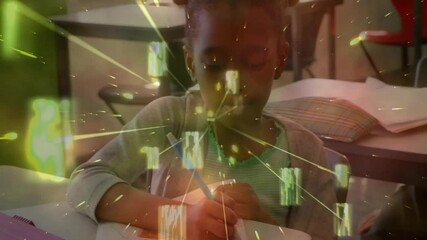 Poster - Writing in notebook, child in classroom with data processing animation over