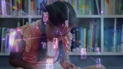 Poster - Reading book, girl with braids over digital network connections animation