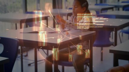 Poster - Student writing at desk with data processing animation over classroom background