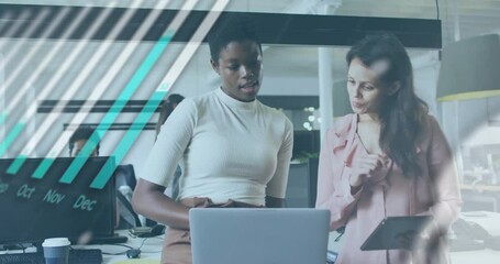 Canvas Print - Discussing project, two women in office with calendar animation over them