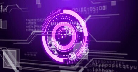 Poster - Animated circular elements and user icons on digital interface, purple background