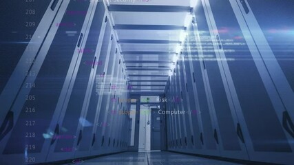 Poster - Computer code and cybersecurity terms animation over data center server racks