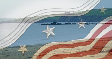 Poster - Waving American flag animation over serene beach and coastal landscape