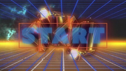 Poster - Starting text animation over neon grid and geometric shapes