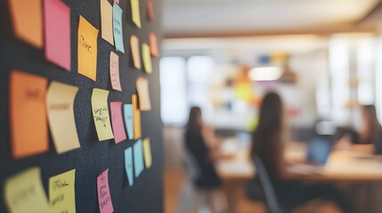 Poster - Brainstorming session in progress with sticky notes covering a wall providing a visual representation of the creative ideas being during a collaborative team meeting or discussion