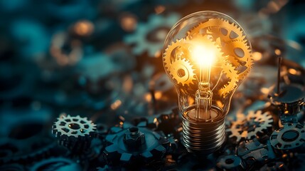 Poster - Mechanics of Innovation   Light Bulb Surrounded by Gears and Cogs Symbolizing the Intricate Processes of Developing New Ideas and Breakthrough Solutions