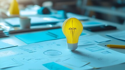 Poster - A paper light bulb cutout placed on a desk filled with sketches symbolizing the spark of creativity and the process of generating innovative ideas