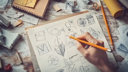 Poster - A hand holding a pencil poised above a sketchpad filled with various design concepts and open space around for additional creativity
