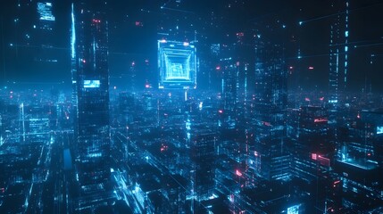 Poster - Futuristic cityscape showcasing a visionary urban landscape with sleek skyscrapers and holographic displays symbolizing the of advanced technology and innovation in a modern high tech environment