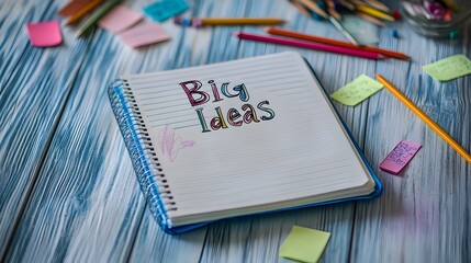 Poster - Open Notebook with  Big Ideas  Written at the Top Surrounded by Pencils Sticky Notes and Other Stationery Suggesting a Space for Brainstorming Ideation and Creative Problem Solving