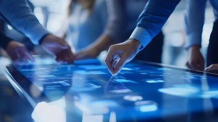 Poster - A group of professionals working together on a large digital touchscreen table in a modern office environment