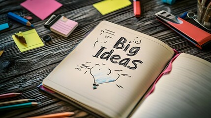 Poster - Open notebook with  Big Ideas  written at the top surrounded by pencils sticky notes and other office supplies creating a creative workspace and brainstorming environment