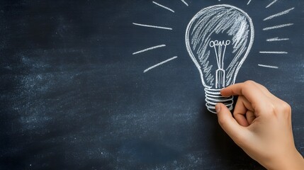 Poster - Hand Drawing a Light Bulb Sketch on a Chalkboard Symbolizing the Concept of Ideas Creativity and Innovation in Education Business or Technology
