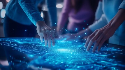 Poster - Diverse team of professionals brainstorming and working together on a cutting edge futuristic design project in a sleek high tech workspace with space themed background
