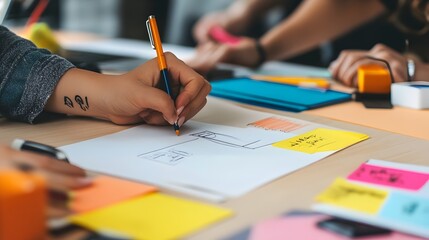 Poster - Focused brainstorming session with detailed notes written in a notepad capturing creative ideas and solutions for a business or project