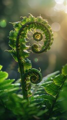 Wall Mural - A fern unfurls in the sunlight.