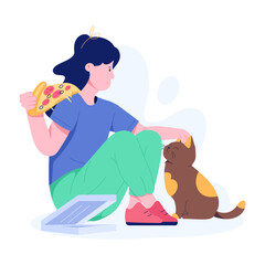 Canvas Print - Girl sitting with pet and eating pizza, flat illustration 