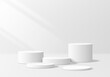 © Riseness - 3D white round podium set background with light and shadow. Abstract geometric composition in minimalist design. 3D studio display showroom product pedestal, Fashion stage showcase mockup scene.