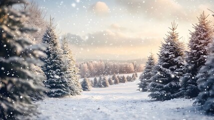 Picturesque snowy rural landscape featuring a Christmas tree farm in the distance set amidst a peaceful winter wonderland of pine trees frosty fields and a serene pathway