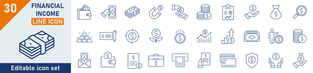 Financial Income line icon set. Set of 30 outline icons related to income, profit, salary, money growth and others. Linear icon collection. Financial Income outline icons collection. Editable stroke.