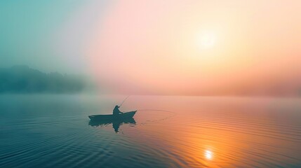 Wall Mural - Fisher fishing on foggy sunrise.