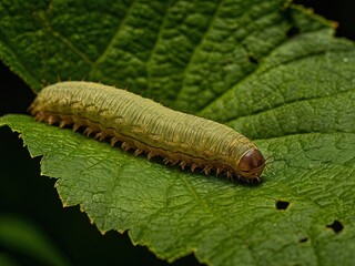 Wall Mural - A close-up shot of a green caterpillar with small, brown, spiky protrusions crawling on a green leaf with small holes in it.