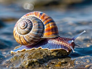 A colorful snail with a spiral shell crawls on a wet rock near the water.