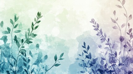 Wall Mural - A watercolor-style illustration featuring leaves in various shades of green and blue.