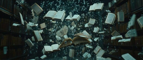 Poster - Books Falling in Library with Water Drops and Bubbles