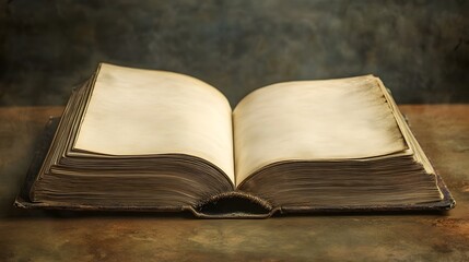 Poster - Flat lay photograph of an open book with blank pages lying flat on a wooden table leaving ample space for custom content editorial or publication design elements