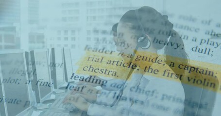 Poster - Typing on keyboards, call center employees over dictionary text animation